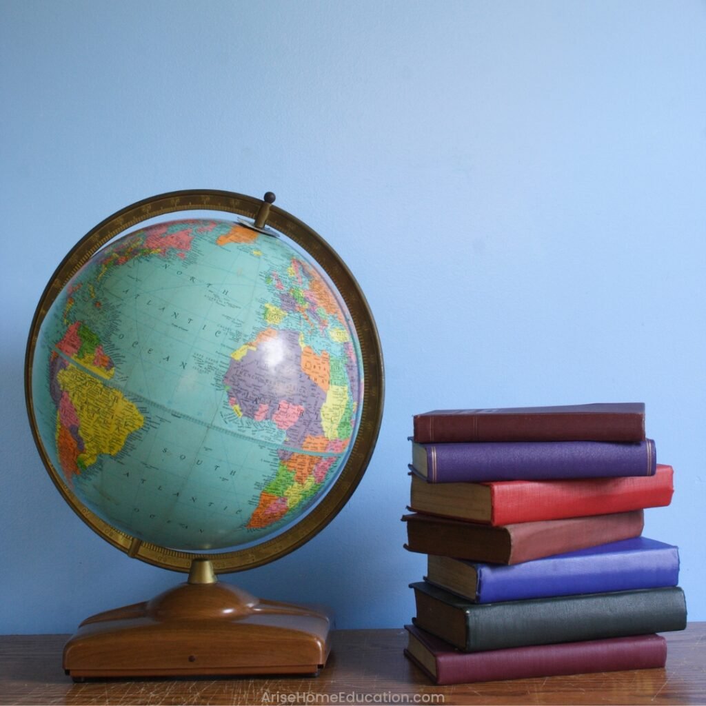 image of globe and stack of books with text overlay: Planning fro Home Education Success: UK Reources. Home education is a successful alternative in the UK. Show be how at AriseHomeEducation.com