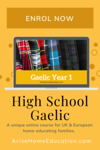 Image of kilts with text overlay. Gaelic Year 1. Enrol now at AriseHomeEducation.com