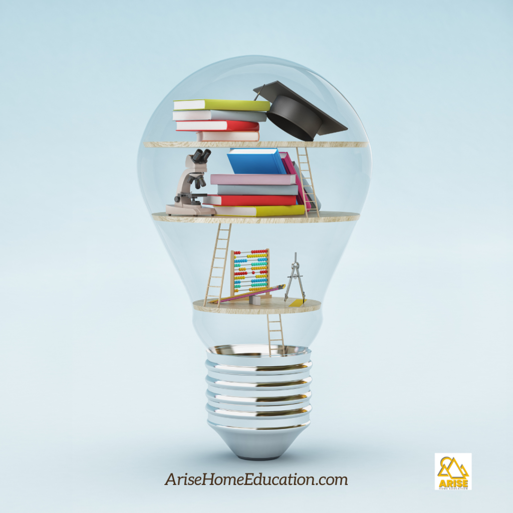 image of lightbulb fild with items used in home education in the UK including coaching by AriseHomeEducation.com
