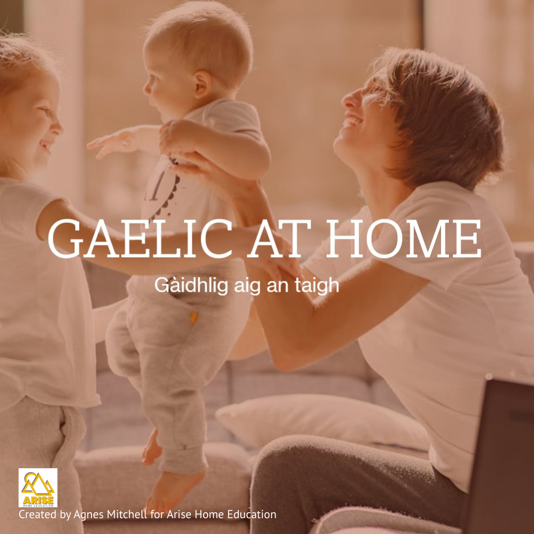 image of family with text overlay. Gaelic at Home self paced coruse availalbe at AriseHomeEducation.com