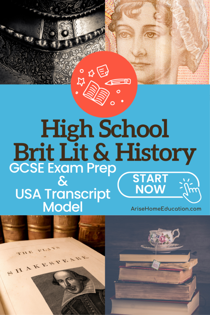 collage image literature and history items with text overlay. High School British Literature & History GCSE Exam Prep & USA Transcript Model from AriseHomeEducation.com