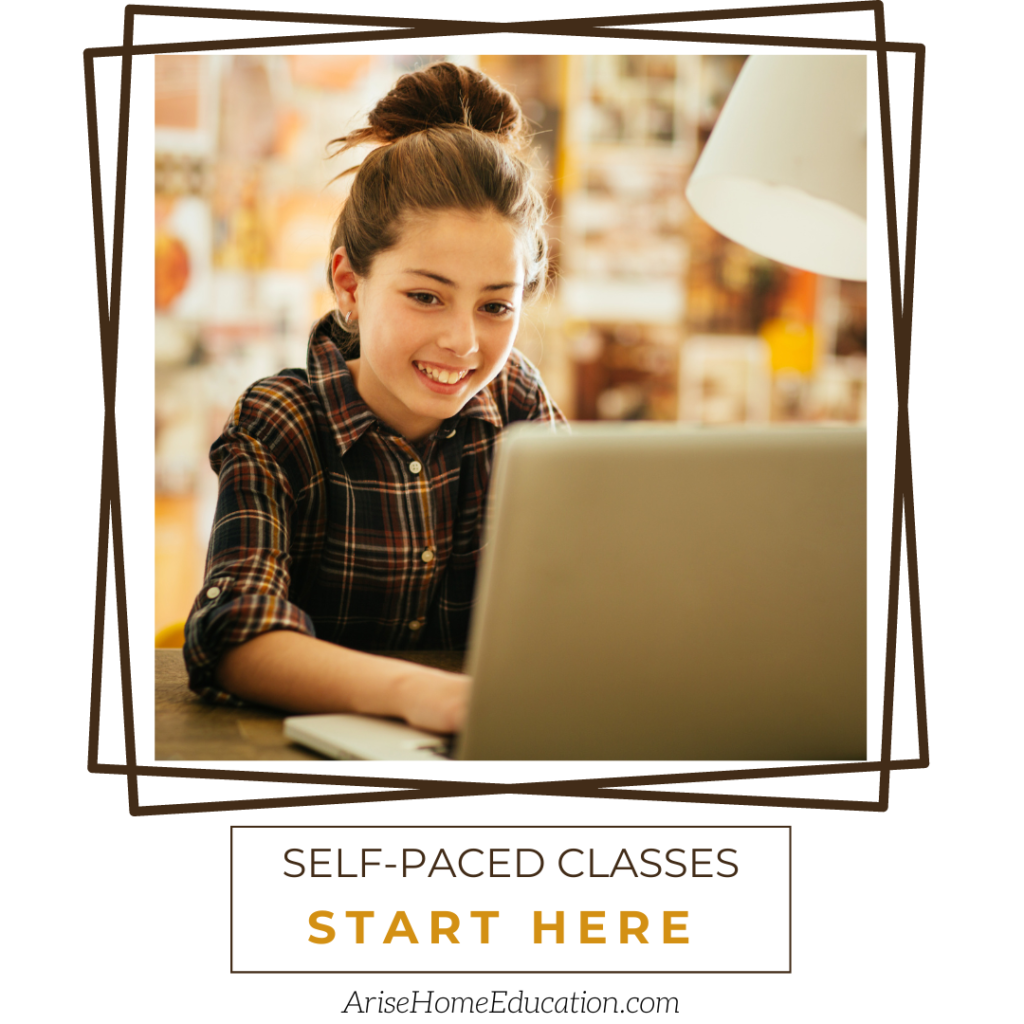 image ofgirl at computer with text overlay self-paced classes start here at arisehomeeducation.com
