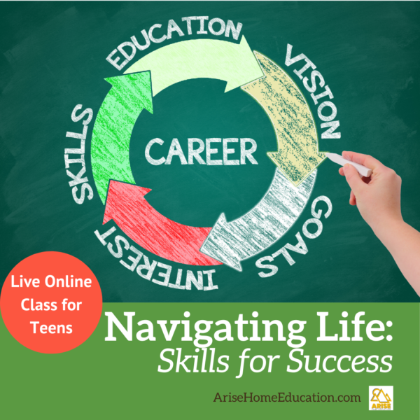 image of ciricel with career prep words includingeducation, vision, goals, interst, and skills, to represent the areas coveredinthe Navigating Life: Skills for Success Class at Arise Home Education