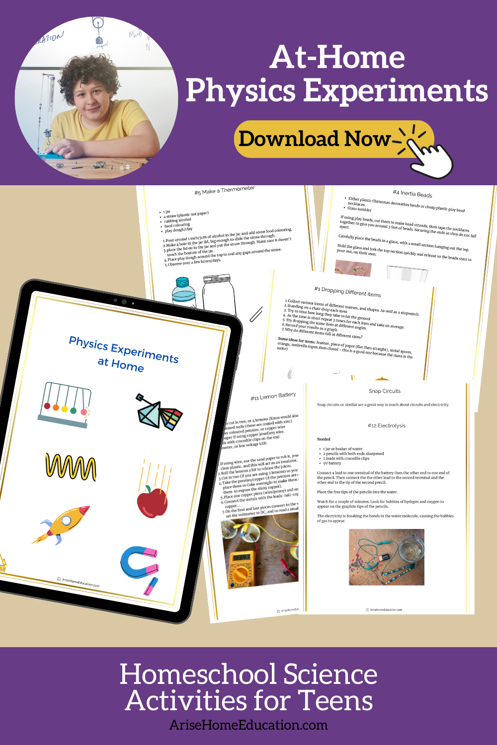 collage image of science activities for teens. Physics Experiments. Homeschool science fun from Arise Home Education