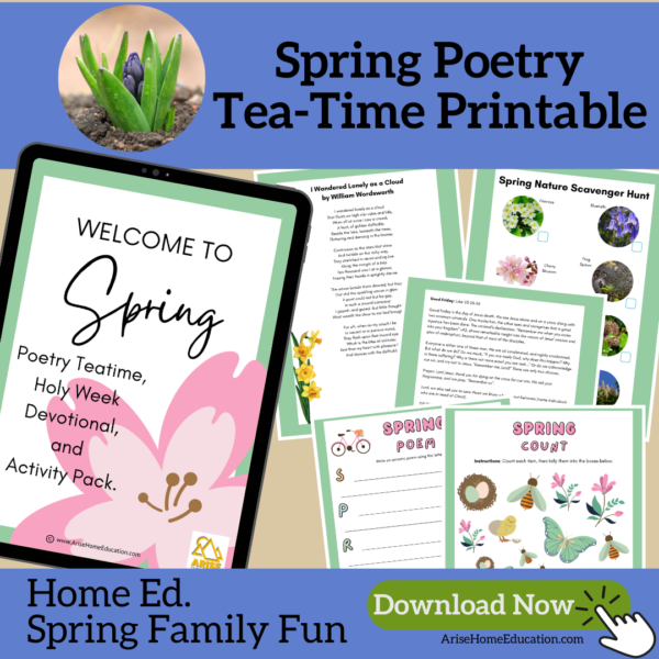 image of the Spring Poetry Tea-Time printable. Spring poetry for kids with Easter Holy Week activities and more from AriseHomeEducation.com