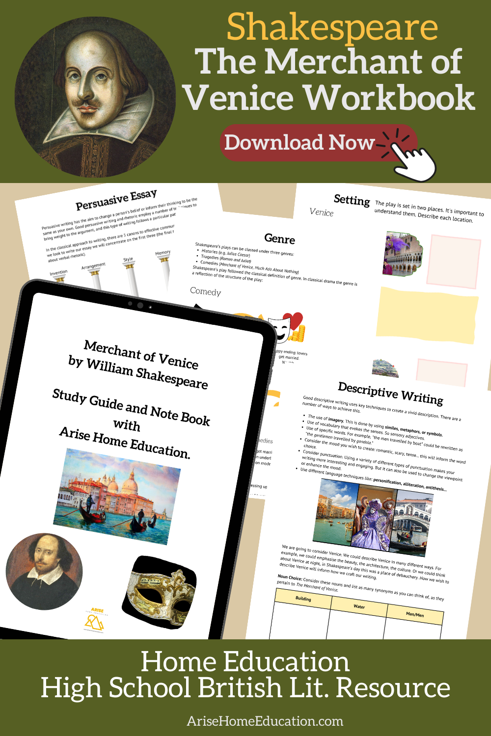 image of The Merchant of Venice Literature Study Workbook from AriseHomeEducation.com