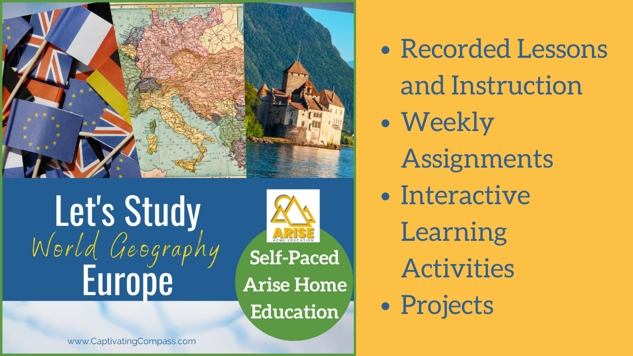 image of world geography europe selfpaced from Arisen home education with text overlay expaining features of this online course for high school students