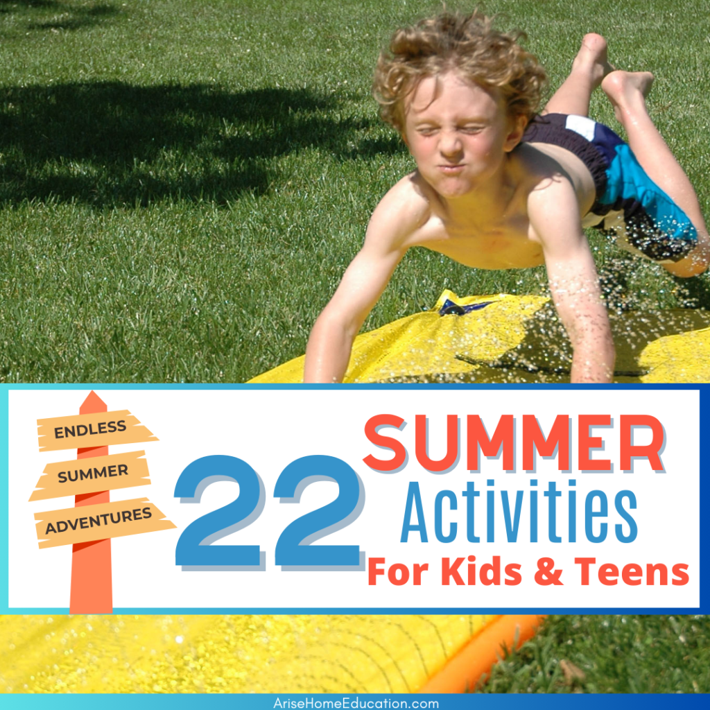 image of teen on slip and slide with text overlay 22 summer activitiesfor middle school students. Fun Summer activities for kids and teens.