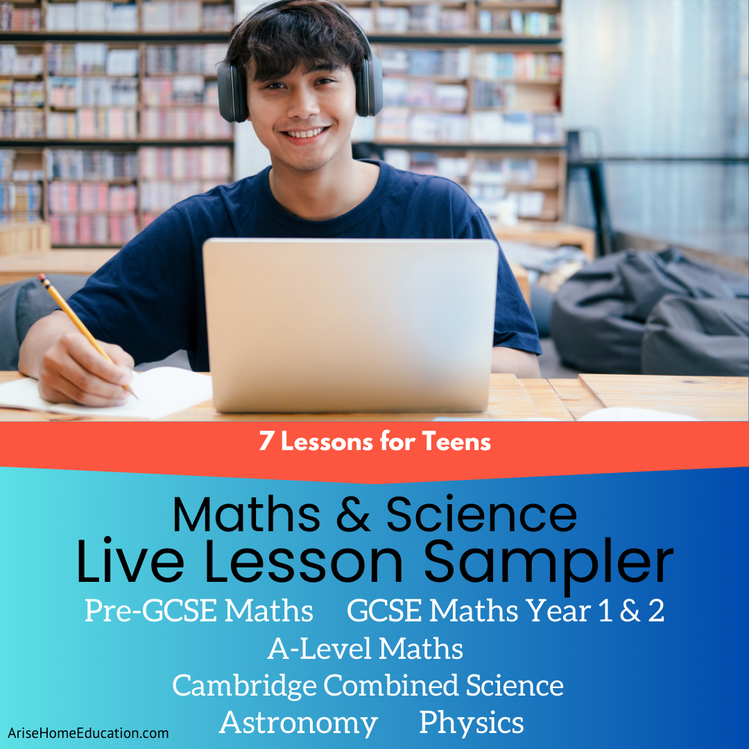 image of boy taking online class with text overlay. 7 Lessons for Teens:Matsh & Science Live Lesson Sampler for GCSE and A level Maths, Astronomy, Combined Sciences, and Physics from AriseHomeEducation.com