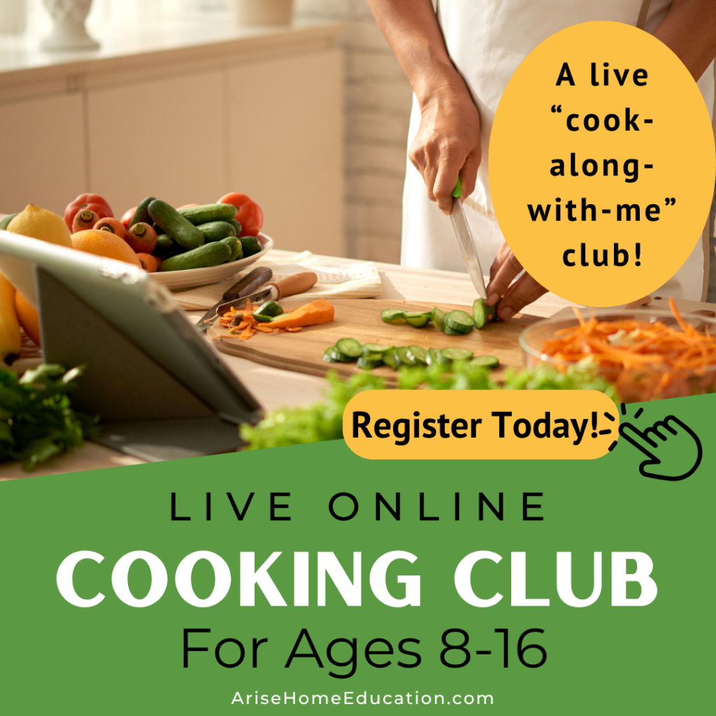 A cooking club for kids and teens to learn home cookery basics in a live, online class.