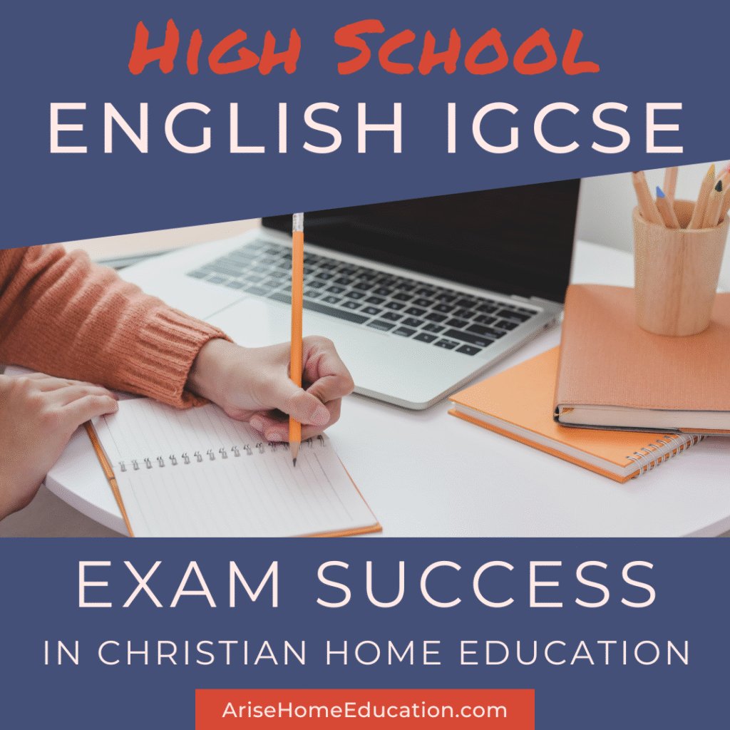 image of student writing with text overlay. High school english iGCSE Exam Success in Chrsitan Home Education