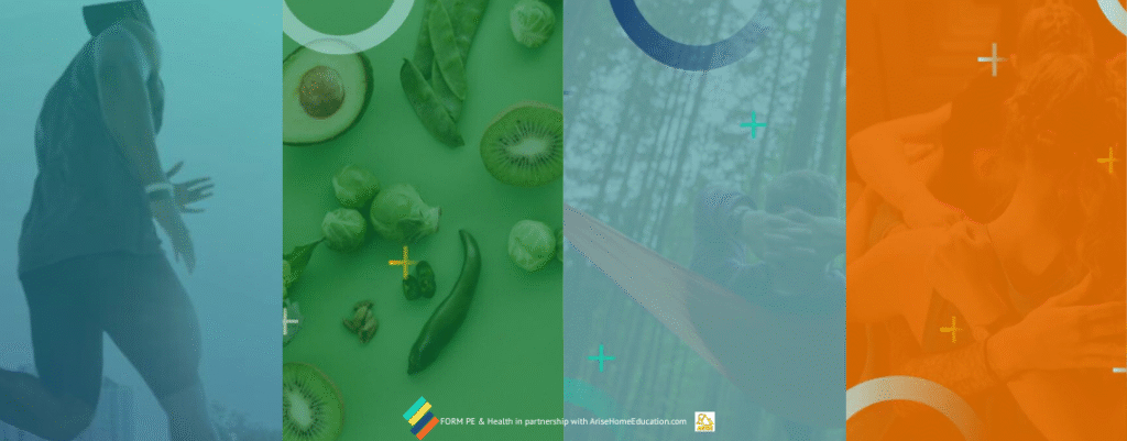 collage image of physical fitness and health activities from FORM High School PE Curriculum available at AriseHomeEducation.com