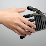 image of human and robot shaking hands. for article at AriseHomeEducation.com about High School Writing with Integrity