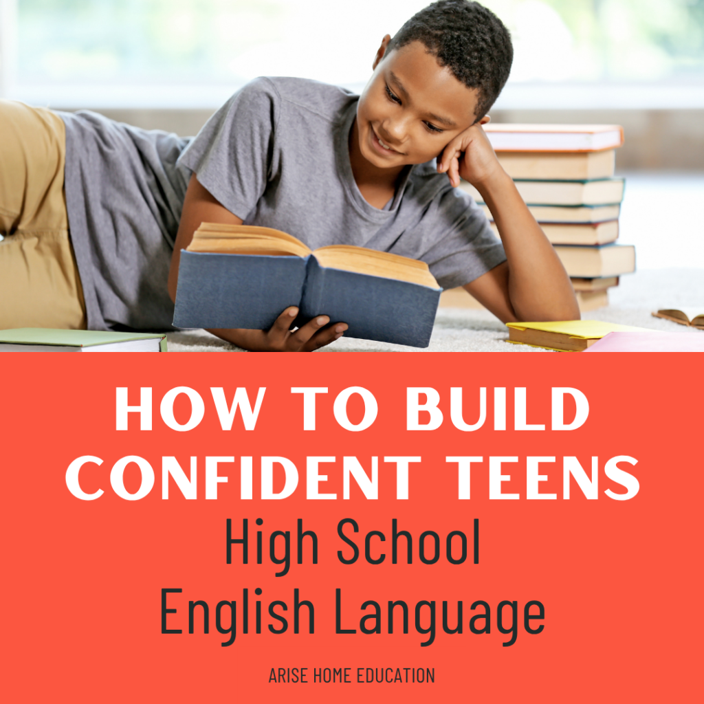 image of teen boy reading with text overlay. How to build confident teens with highs chool English language online courses at Arise Home Education
