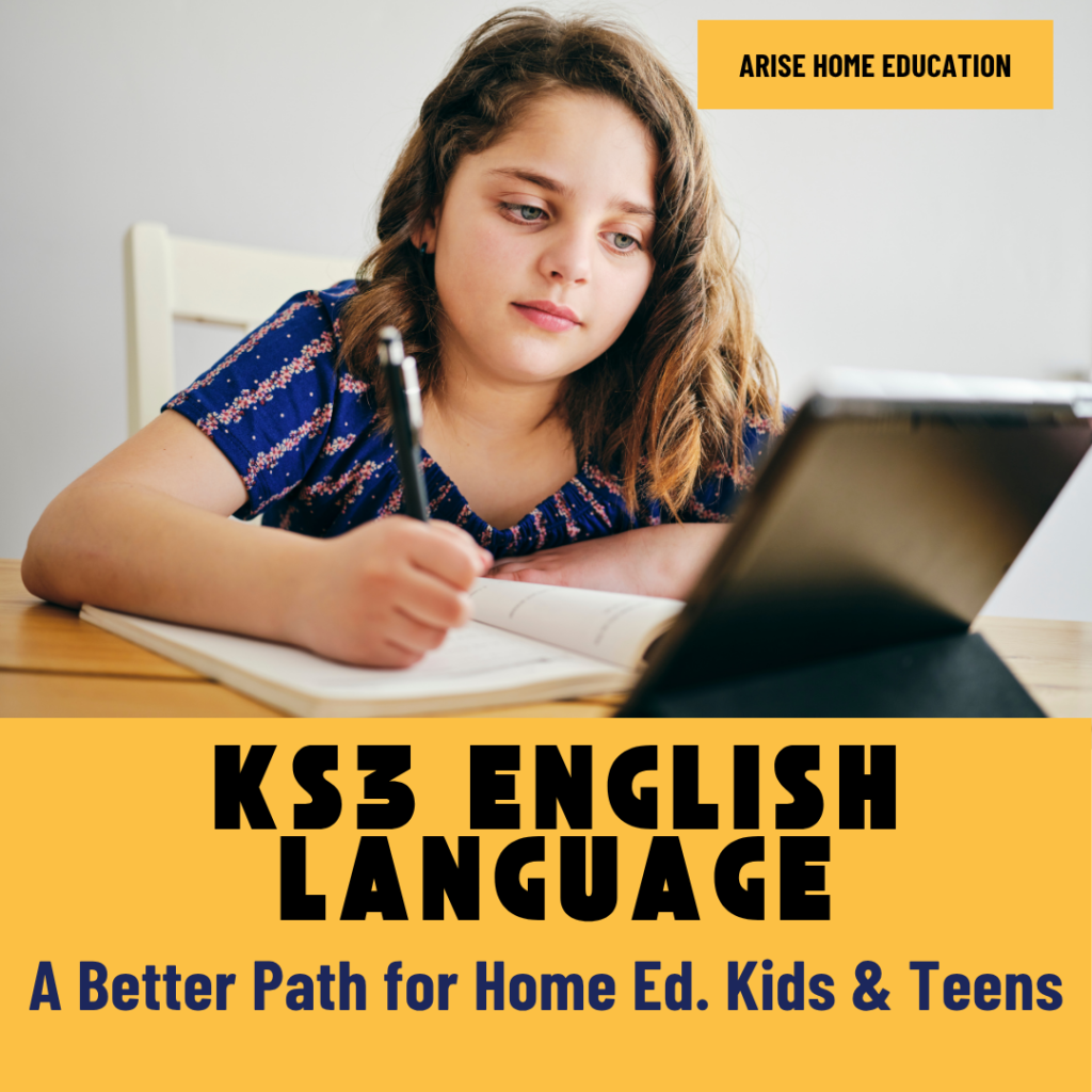 image of girl writing for KS3 English Language for Home Education at AriseHomeEducation.com. With text overlay 'A better path for Home Ed. Kids & Teens.'
