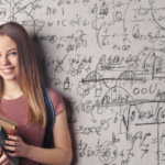 image of teen with books and math equation background for Arise HOme Educationa rticle A Level Maths for Home Educators