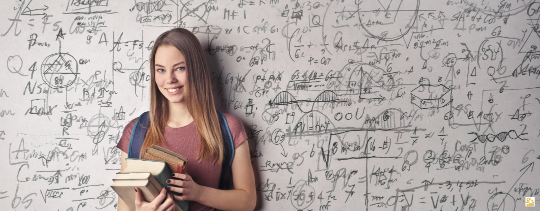 image of teen with books and math equation background for Arise HOme Educationa rticle A Level Maths for Home Educators