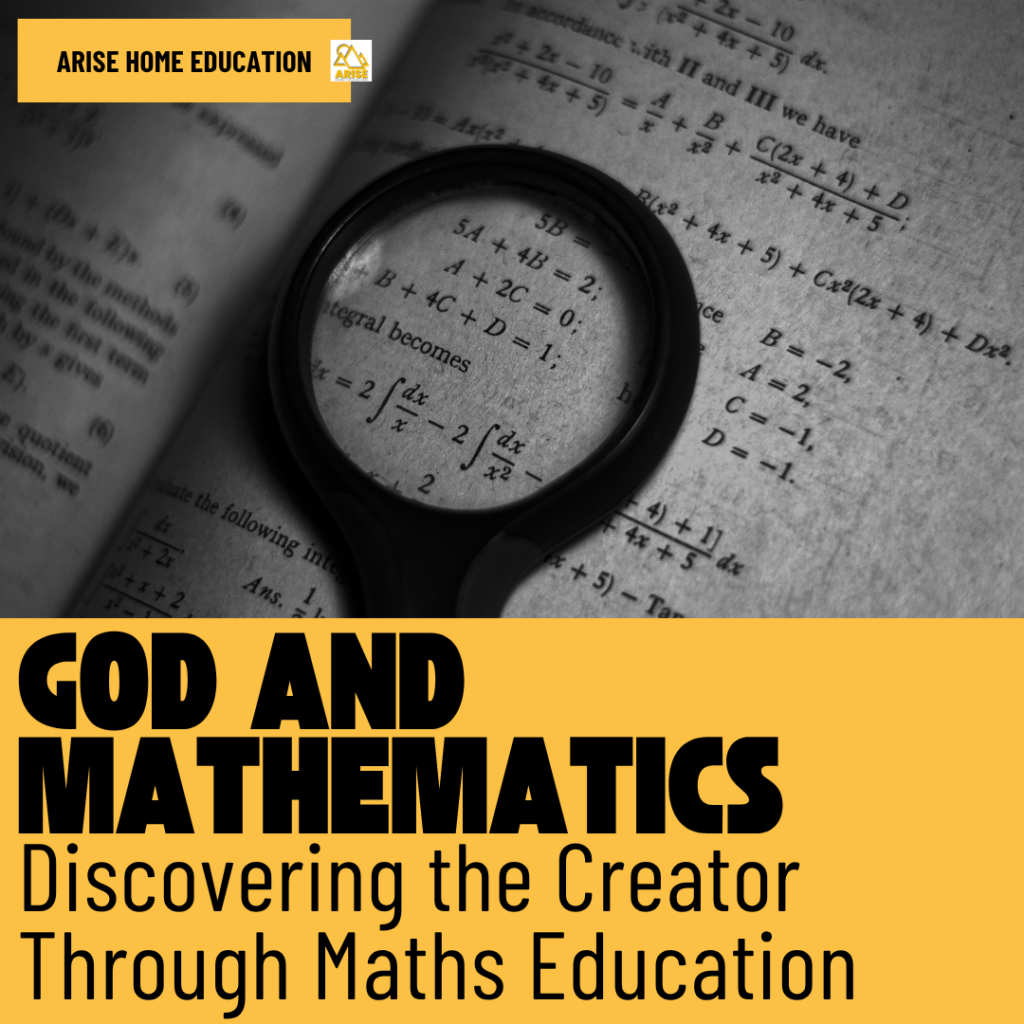 image of algebra problems and magnifying glass from AriseHomeEducation.com with text overlay, God and Mathematics in Christian Home Education