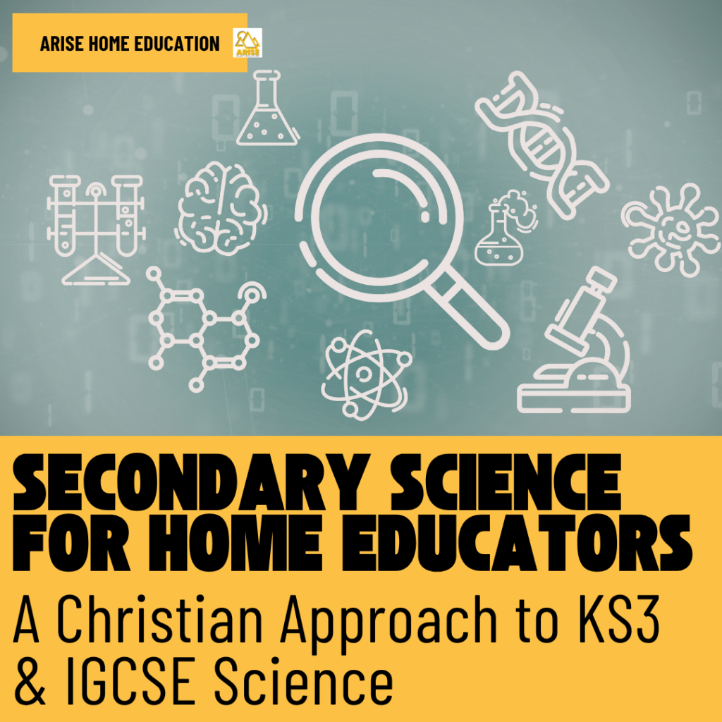 image of science icons with text overlay: Secondary Science for Home Educators at AriseHomeEducation.com