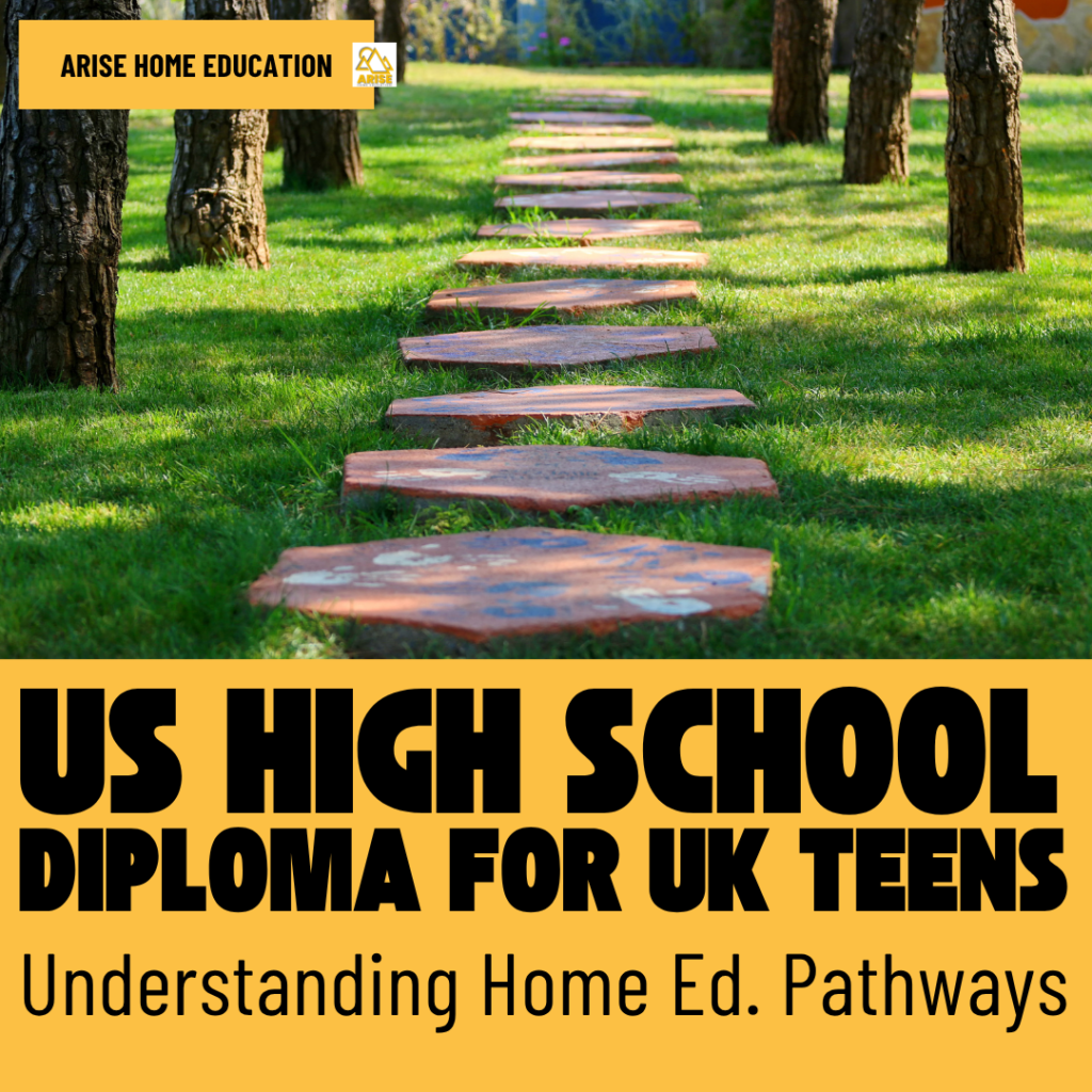 image of tree lined pathway with text overlay. US HS Diploma for UK Teens at Arise Home Education