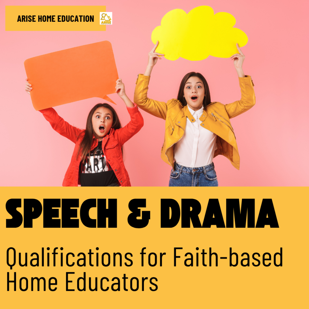 image of girls holding speech bubles for Speech and Drama Qualifications class with text overlay. Speech & Drama Qualifications for Faith-Based Home Educators.