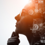 image of woman and tech icons for blog post AI & Academic Integrity at AriseHomeEducation.com