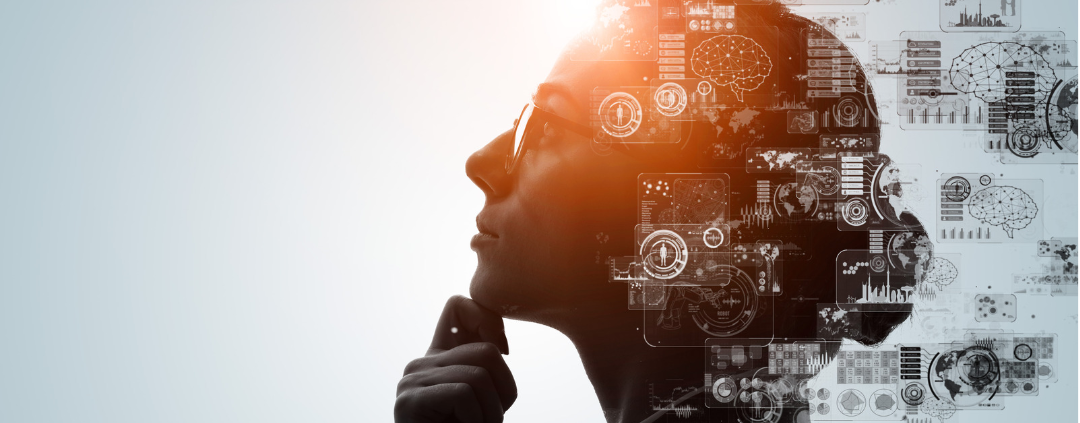 image of woman and tech icons for blog post AI & Academic Integrity at AriseHomeEducation.com